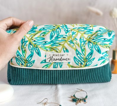 trousse de toilette à feuilles de palmier et velours côtelé verts sapin